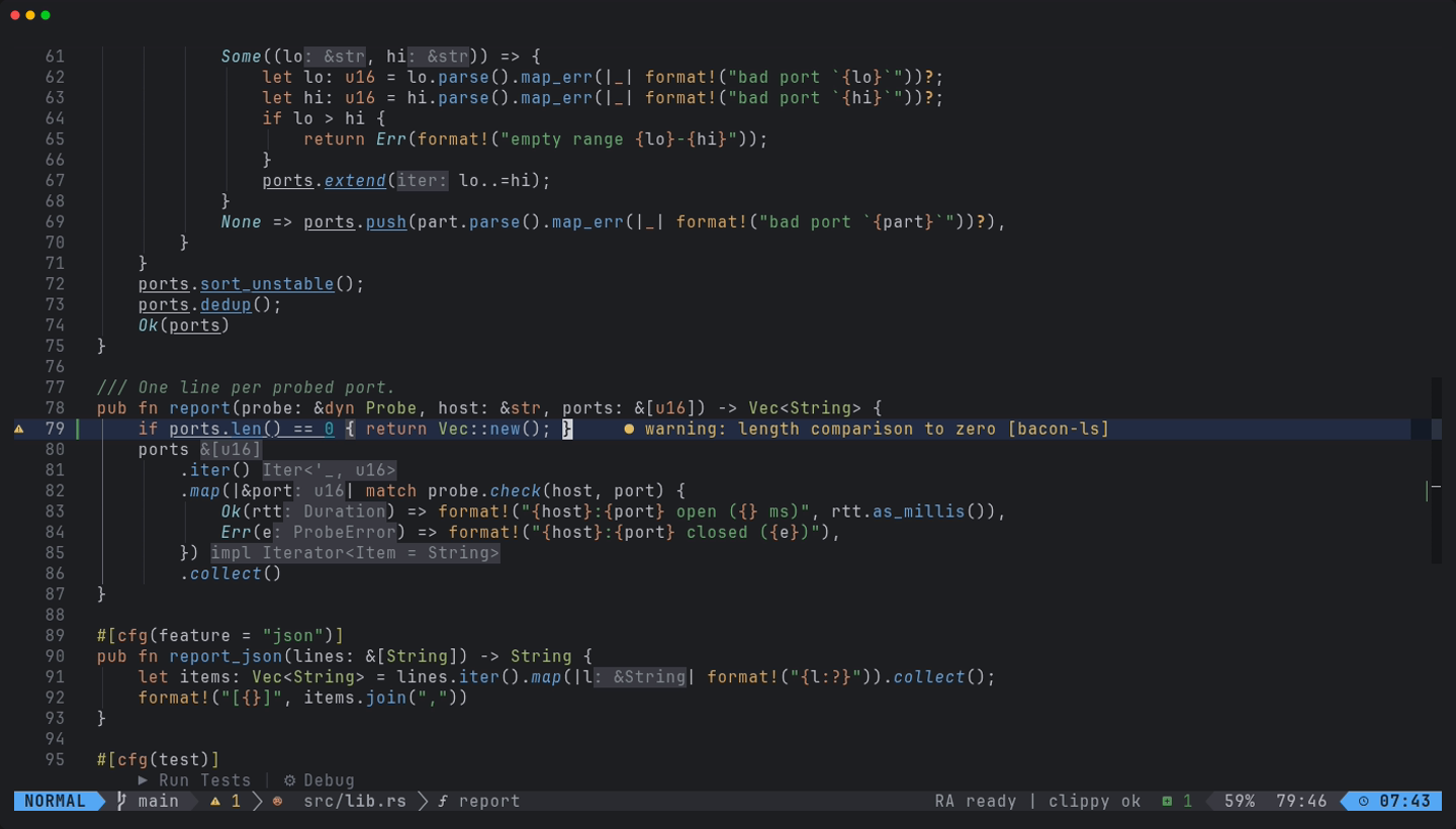 a clippy lint shown inline in Neovim: length comparison to zero, with the source bacon-ls