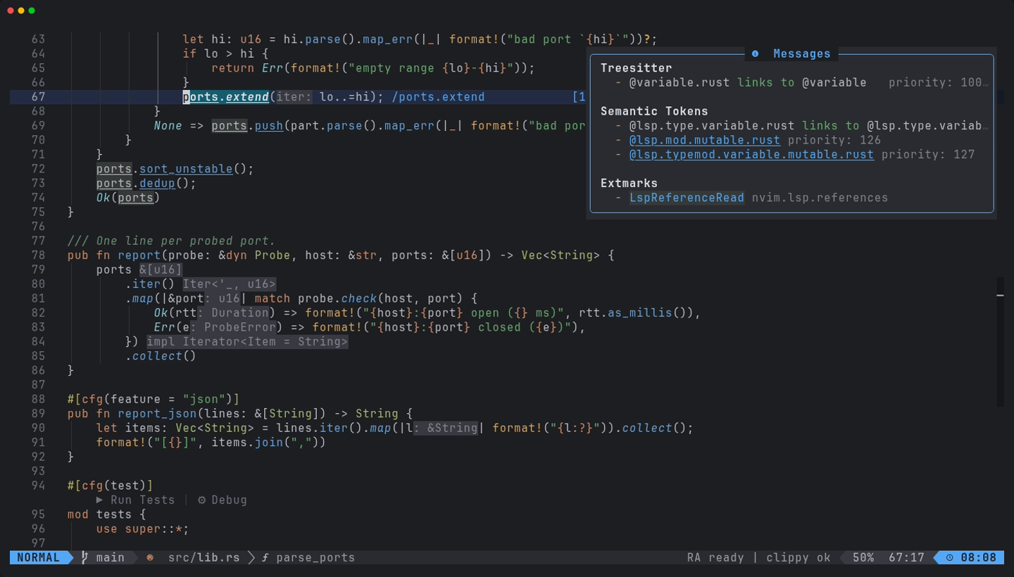 the :Inspect floating window listing treesitter captures, LSP semantic tokens and extmarks