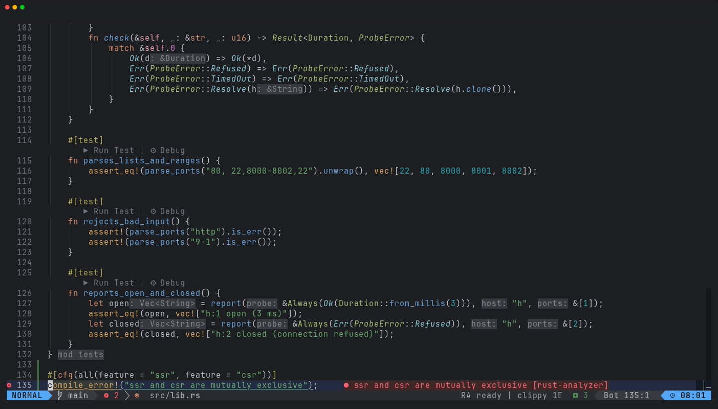 a compile_error from rust-analyzer shown inline, with clippy 1E in the statusline