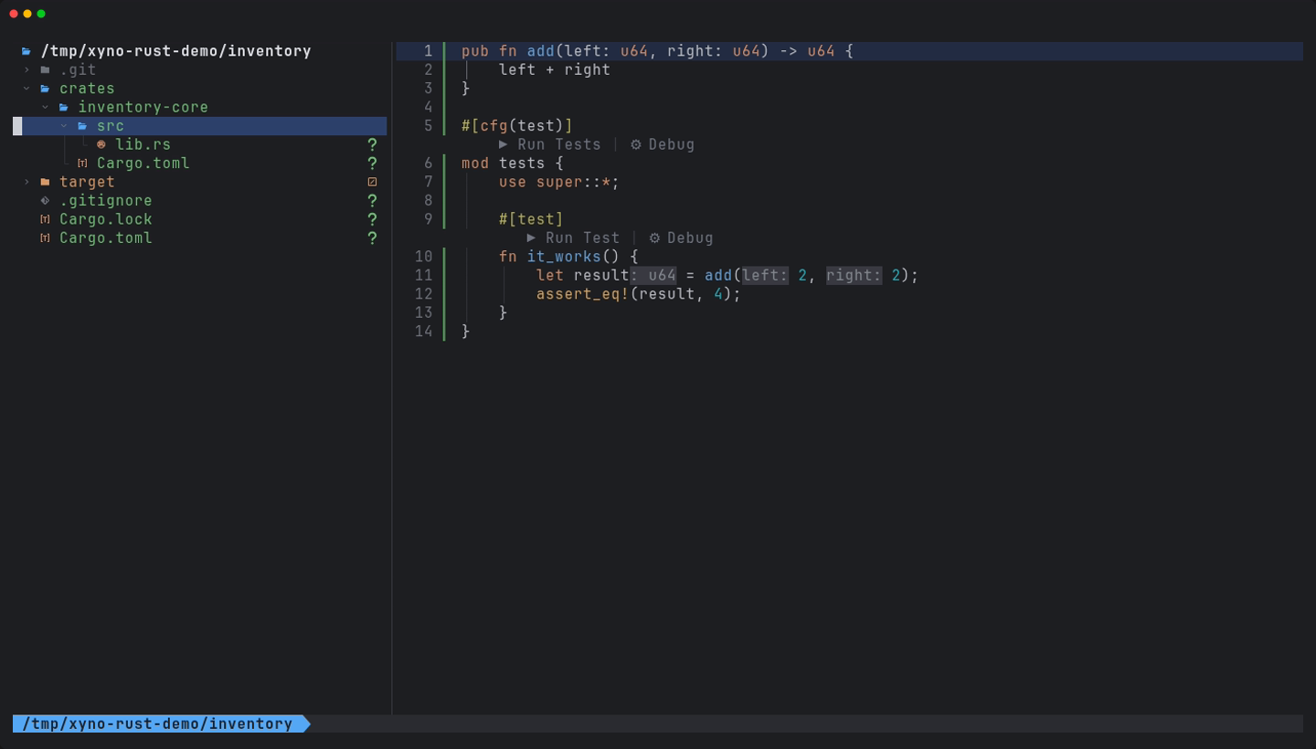 a new Cargo workspace in Neovim: the file tree with crates, the member and the root Cargo.toml